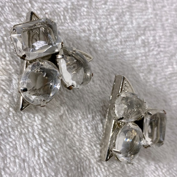 Vintage Handmade Silver Clear Bejewelled Shirt Collar Top Covers - Picture 6 of 7